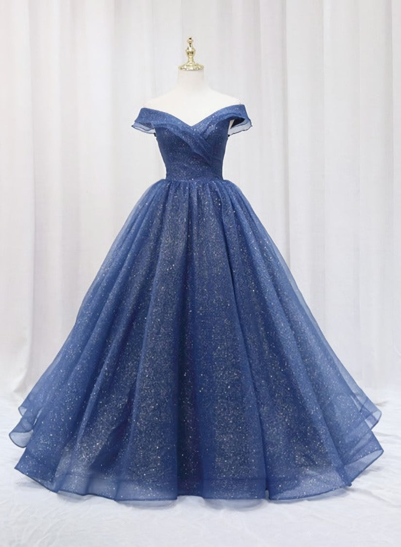 Navy Blue Off Shoulder Shiny Tulle Floor Length Corset Prom Dress, Blue Corset Prom Dress outfits, Evening Dresses Short
