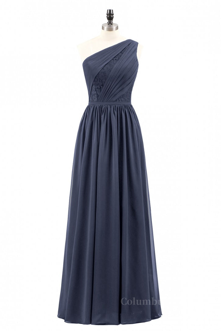 Navy Blue One Shoulder A-line Chiffon Long Corset Bridesmaid Dress outfit, Bridesmaid Dresses On Sale