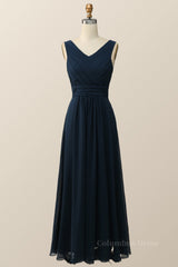 Navy Blue Pleated Chiffon A-line Long Corset Bridesmaid Dress outfit, Prom Dress Glitter