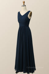 Navy Blue Pleated Chiffon A-line Long Corset Bridesmaid Dress outfit, Prom Dress Long With Slit