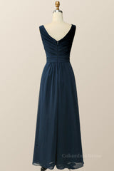 Navy Blue Pleated Chiffon A-line Long Corset Bridesmaid Dress outfit, Prom Dresses Long With Slit