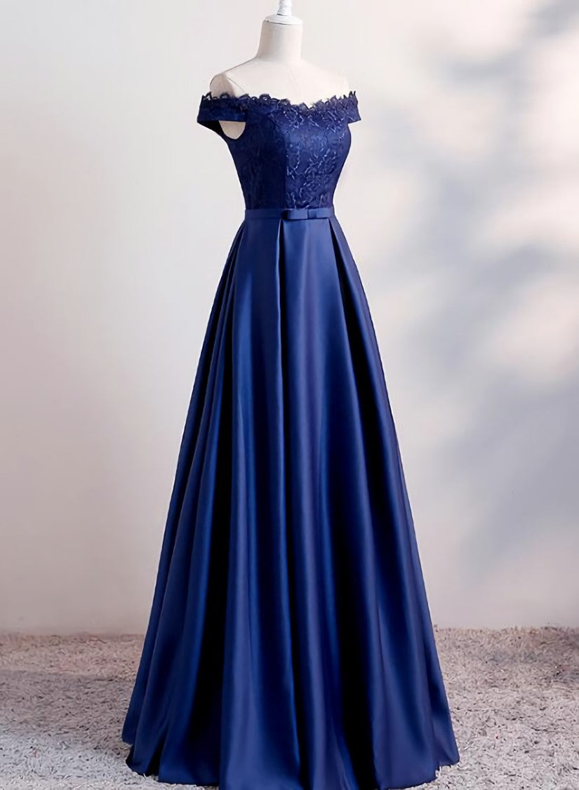Navy Blue Satin Long Party Dress , Long Corset Bridesmaid Dresses outfit, Homecomming Dresses Black