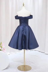 Navy Blue Satin Off Shoulder Knee Length Party Dress, Navy Blue Corset Homecoming Dress outfit, Bridesmaid Dress Under 107