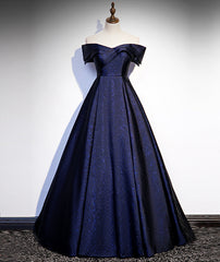 Navy Blue Satin Off Shoulder Long Corset Prom Dress, Blue A-line Corset Formal Dress, Evening Dress outfit, Beauty Dress