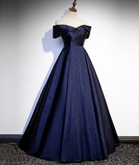 Navy Blue Satin Off Shoulder Long Corset Prom Dress, Blue A-line Corset Formal Dress, Evening Dress outfit, Slip Dress