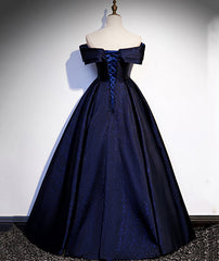 Navy Blue Satin Off Shoulder Long Corset Prom Dress, Blue A-line Corset Formal Dress, Evening Dress outfit, Cute Prom Dress