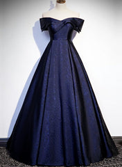 Navy Blue Satin Off Shoulder Long Corset Prom Dress, Blue A-line Corset Formal Dress, Evening Dress outfit, Dusty Blue Bridesmaid Dress