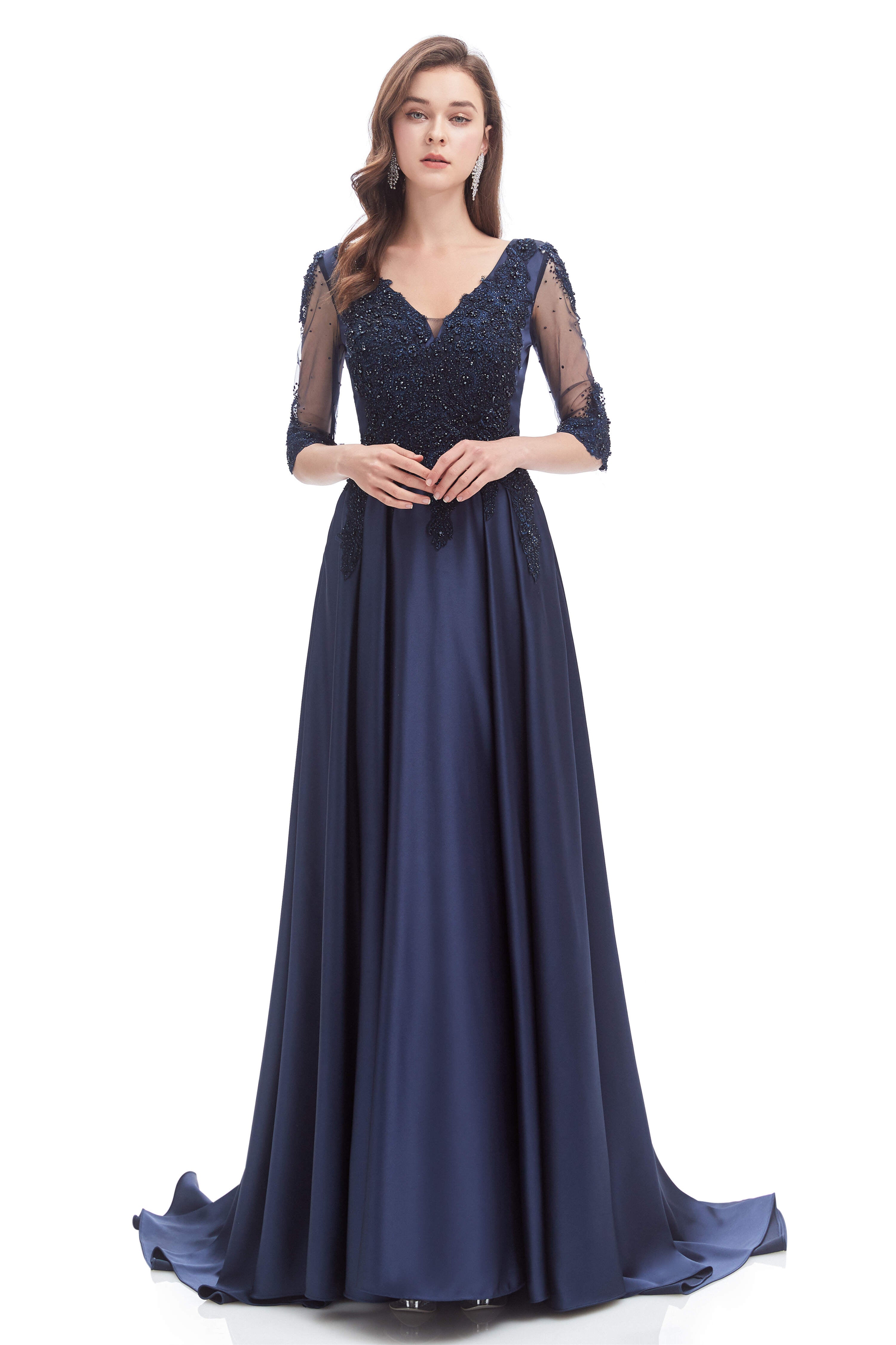 Navy Blue Satin V-neck Short Sleeve Beading Corset Prom Dresses outfit, Formal Dress Cheap