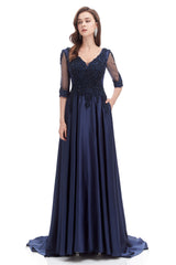 Navy Blue Satin V-neck Short Sleeve Beading Corset Prom Dresses outfit, Formal Dress Black Dress