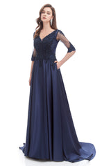 Navy Blue Satin V-neck Short Sleeve Beading Corset Prom Dresses outfit, Formal Dress Classy