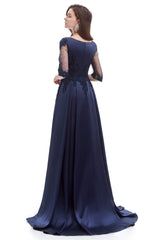 Navy Blue Satin V-neck Short Sleeve Beading Corset Prom Dresses outfit, Formal Dressed Long Gowns