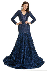 Sequins Mermaid Long V Neck Corset Prom Dresses Full Sleeve Gowns, Prom Dress Website