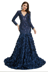 Sequins Mermaid Long V Neck Corset Prom Dresses Full Sleeve Gowns, Prom Dresses Websites