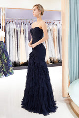 Navy Blue Sheath Sweetheart Strapless Draped Tulle Pleats Corset Prom Dresses outfit, Homecoming Dresses Short