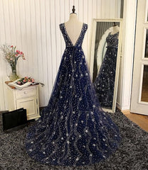 Navy Blue Shiny Tulle A-line Round Neckline Long Party Dress, Blue Corset Prom Dresses outfit, Prom Dresses 2029 Long Sleeve