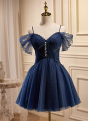 Navy Blue Tulle Beaded Short Corset Prom Dress, Blue Tulle Off Shoulder Corset Homecoming Dress outfit, Formal Dress Attire