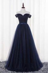 Navy Blue Tulle Long Party Dress, Simple Off Shoulder Blue Corset Bridesmaid Dress outfit, Prom Dresses Brand