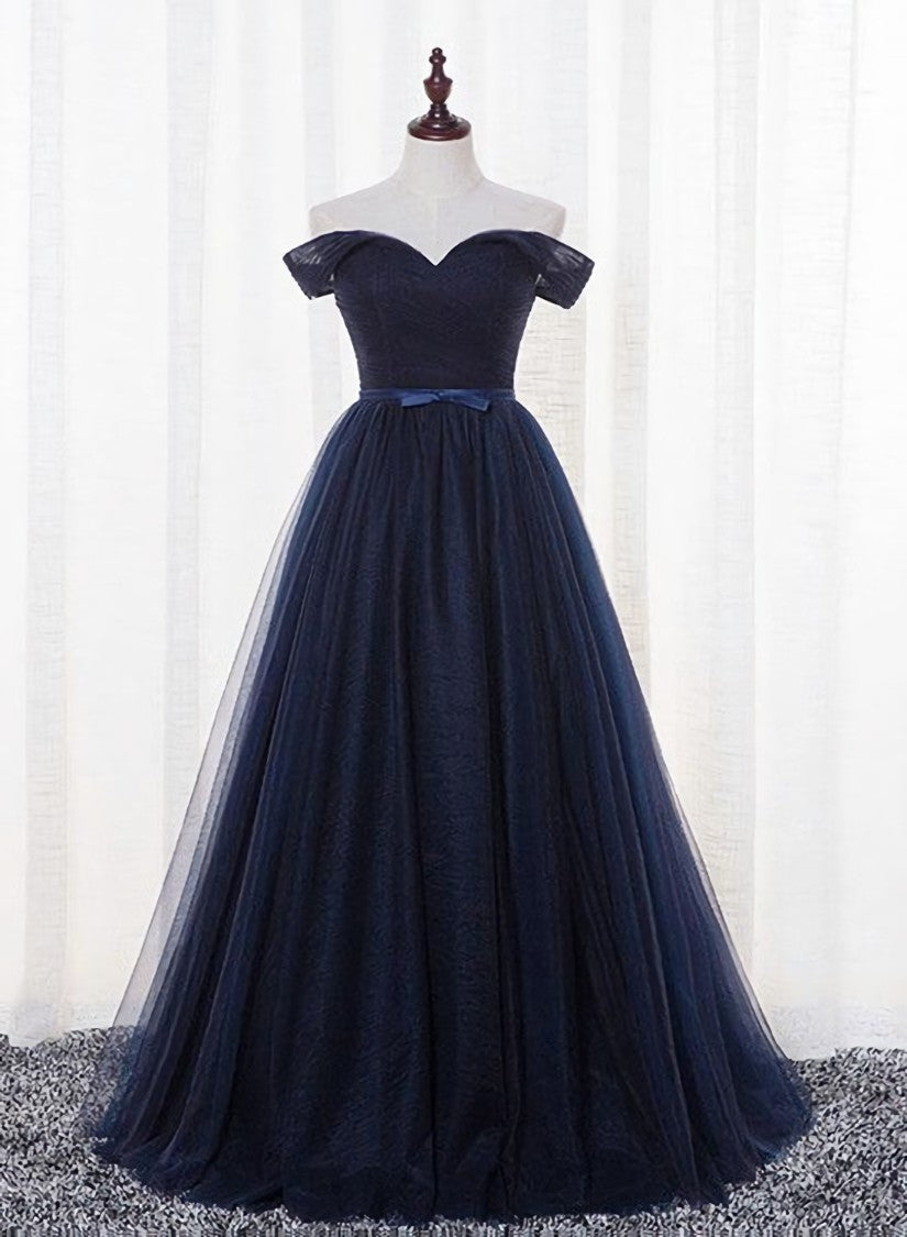 Navy Blue Tulle Long Party Dress, Simple Off Shoulder Blue Corset Bridesmaid Dress outfit, Prom Dress Stores Near Me