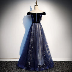 Navy Blue Tulle Off Shoulder Velvet Top Long Party Dress, Blue Evening Dress Corset Prom Dress outfits, Prom Dress Types