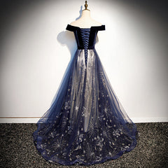 Navy Blue Tulle Off Shoulder Velvet Top Long Party Dress, Blue Evening Dress Corset Prom Dress outfits, Prom Dress Type