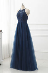 Navy Blue Tulle with Lace Applique Long Party Dress, Blue Corset Prom Dress outfits, Bow Dress