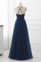 Navy Blue Tulle with Lace Applique Long Party Dress, Blue Corset Prom Dress outfits, Semi Formal