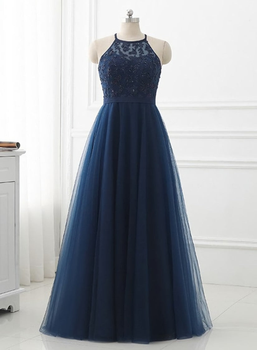 Navy Blue Tulle with Lace Applique Long Party Dress, Blue Corset Prom Dress outfits, Flowy Dress