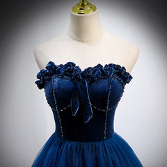 Navy Blue Velvet Top and Tulle Long Corset Formal Dress, Blue Sweetheart Corset Prom Dress outfits, Formal Dress For Winter