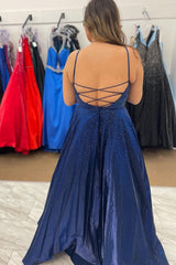 Navy Lace-up Back Beading A Line Corset Prom Dress outfits, Navy Lace-up Back Beading A Line Prom Dress