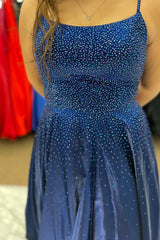 Navy Lace-up Back Beading A Line Corset Prom Dress outfits, Navy Lace-up Back Beading A Line Prom Dress