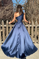 Navy One Shoulder A-Line Long Corset Prom Dress outfits, Navy One Shoulder A-Line Long Prom Dress