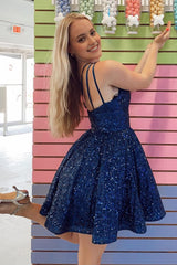 Navy Sequins One Shoulder A-Line Short Corset Homecoming Dress outfit, Navy Sequins One Shoulder A-Line Short Homecoming Dress