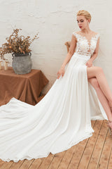 Neck Lace Top White Corset Wedding Dresses with Slit Gowns, Wedding Dresses Sleeved