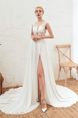 Neck Lace Top White Corset Wedding Dresses with Slit Gowns, Wedding Dresses Sleeve
