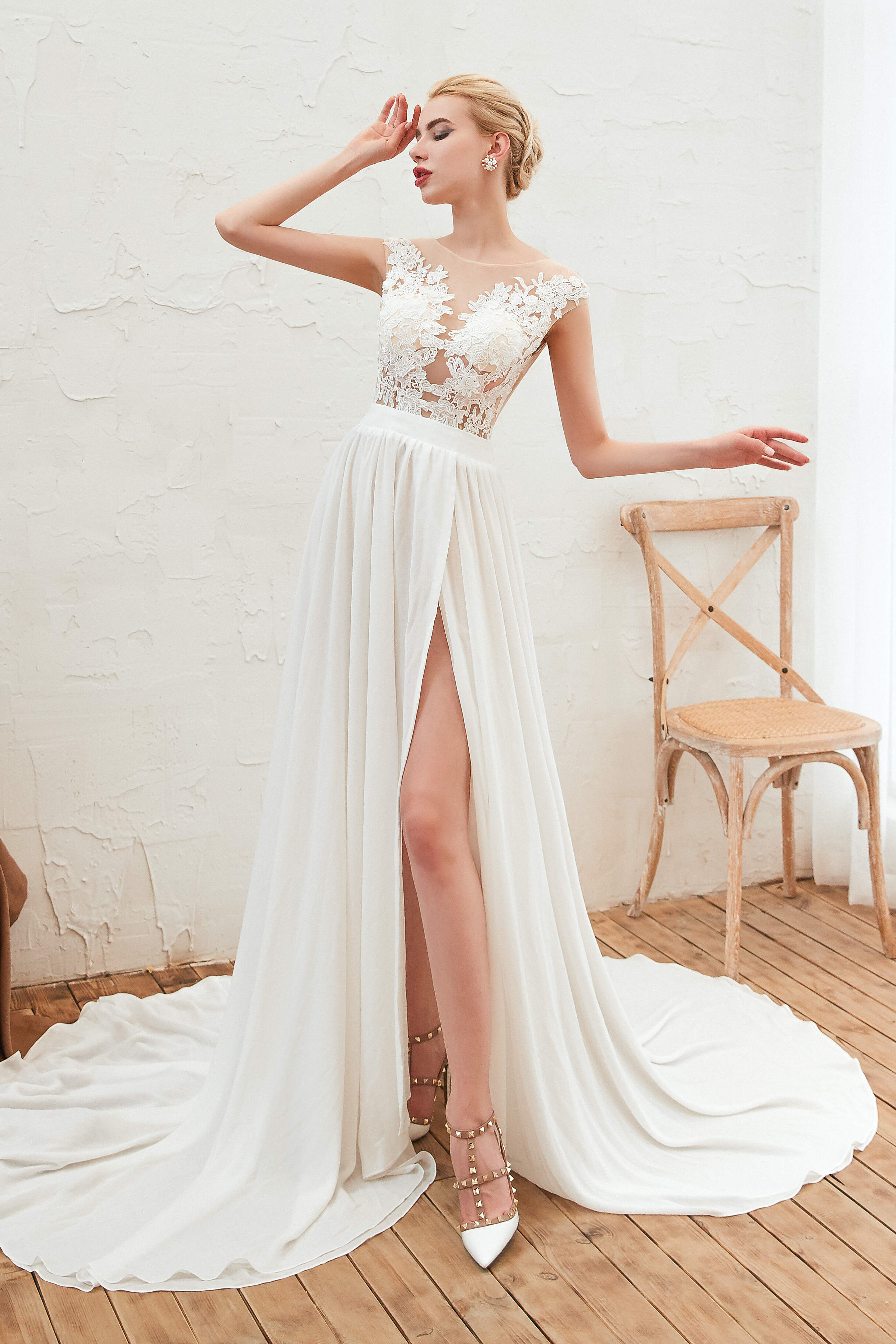 Neck Lace Top White Corset Wedding Dresses with Slit Gowns, Wedding Dress Chic