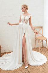 Neck Lace Top White Corset Wedding Dresses with Slit Gowns, Wedding Dress Sleevs