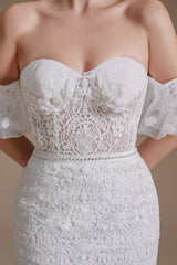 Sweetheart Puff Sleeve Off the Shoulder Lace Long Corset Wedding Dresses outfit, Wedding Dresses For Big Bust