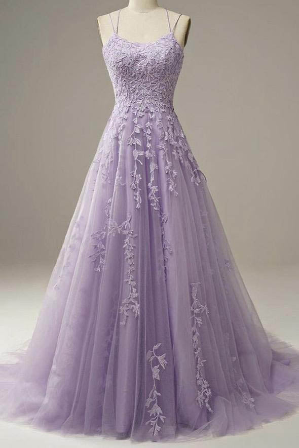 Light Purple Lace Applique A Line Spaghetti Straps Corset Prom Dress Evening Gown outfits, Party Dresses Long Sleeved