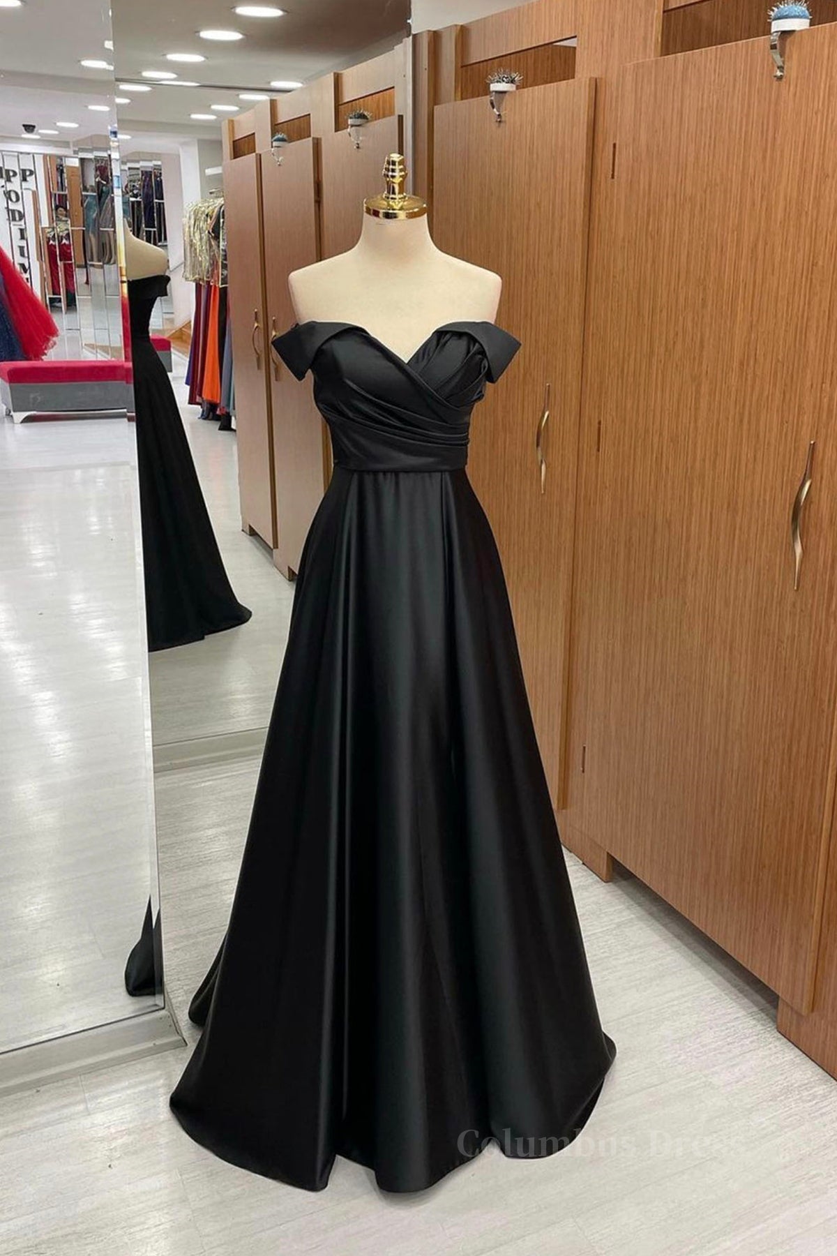 Off Shoulder Black Satin Long Corset Prom Dress, Long Black Corset Formal Graduation Evening Dress outfit, Bridesmaid Dresses Mismatched Fall