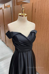 Off Shoulder Black Satin Long Corset Prom Dress, Long Black Corset Formal Graduation Evening Dress outfit, Bridesmaids Dress With Lace