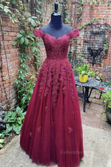 Off Shoulder Burgundy Lace Corset Prom Dress, Off the Shoulder Burgundy Corset Formal Dress, Burgundy Lace Evening Dress outfit, Evening Dresses Lace