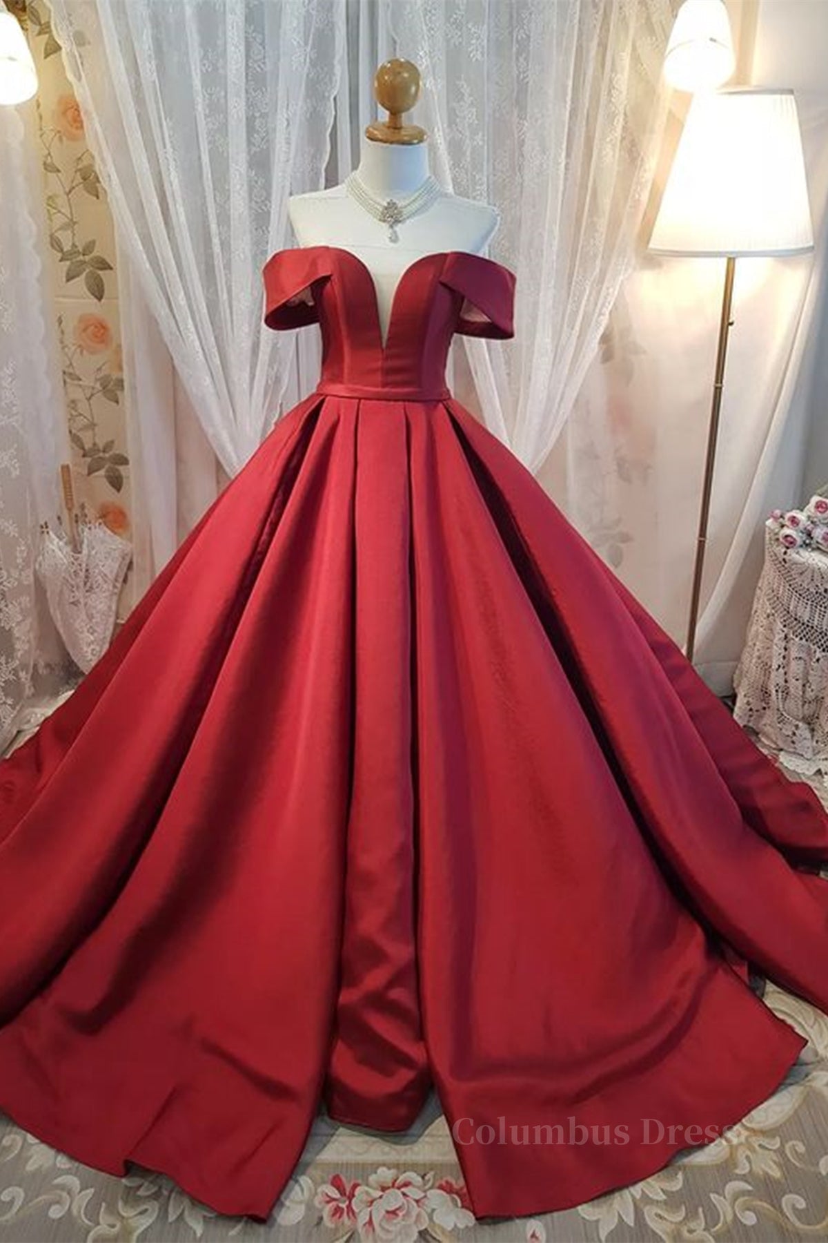 Off Shoulder Burgundy Satin Long Corset Prom Dress, V Neck Burgundy Corset Formal Evening Dress, Burgundy Corset Ball Gown outfits, Bridesmaid Dresses Dark