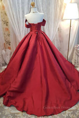 Off Shoulder Burgundy Satin Long Corset Prom Dress, V Neck Burgundy Corset Formal Evening Dress, Burgundy Corset Ball Gown outfits, Bridesmaids Dresses Neutral