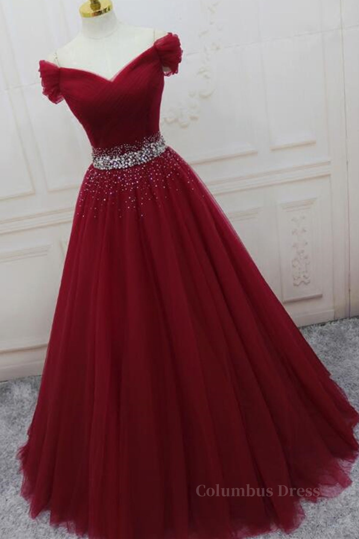 Off Shoulder Burgundy Tulle Long Corset Prom Dresses with Sequins, Burgundy Tulle Corset Formal Evening Dresses outfit, Formal Dresses Near Me