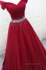 Off Shoulder Burgundy Tulle Long Corset Prom Dresses with Sequins, Burgundy Tulle Corset Formal Evening Dresses outfit, Formal Dress Shop Near Me