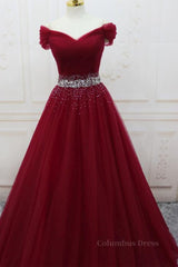 Off Shoulder Burgundy Tulle Long Corset Prom Dresses with Sequins, Burgundy Tulle Corset Formal Evening Dresses outfit, Formal Dress Shops Near Me