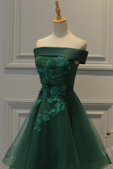 Off Shoulder Dark Green Short Party Dress, Tulle Corset Homecoming Dresses outfit, Prom Dress Green