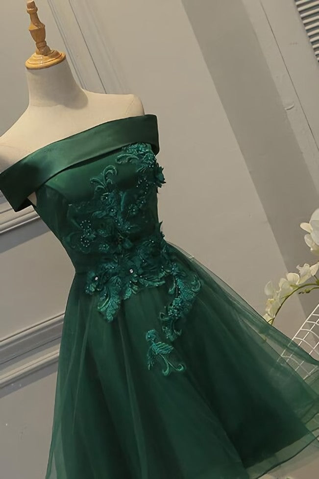 Off Shoulder Dark Green Short Party Dress, Tulle Corset Homecoming Dresses outfit, Prom Dresses Open Backs