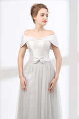Off Shoulder Gray Corset Formal Floor Length Corset Prom Dresses outfit, Satin Bridesmaid Dress