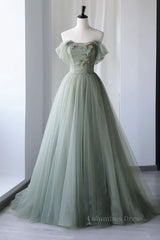 Off Shoulder Green Tulle Floral Long Corset Prom Dresses, Off the Shoulder Green Corset Formal Evening Dresses with 3D Flowers outfit, Bridesmaid Dresses Long Sleeves